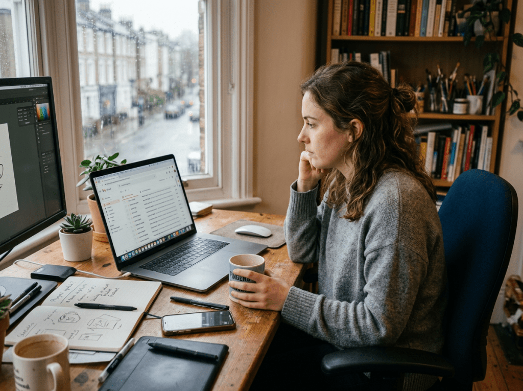 Woman working at a desk with laptop, monitor, notebook, and coffee