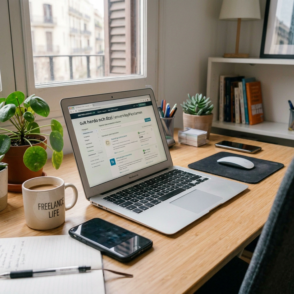 Woman working on laptop and writing in notebook at home desk