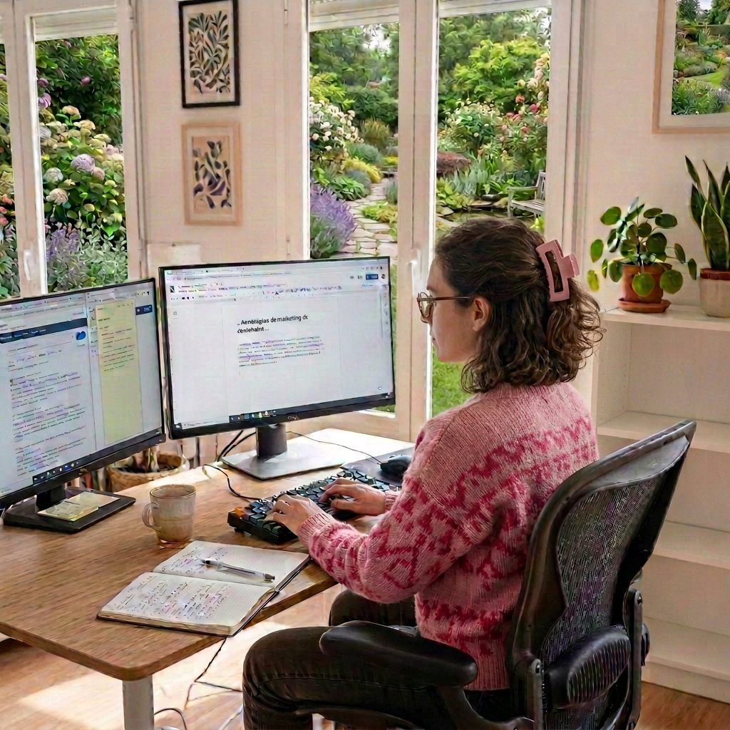 Person typing Spanish marketing content at a desk with two monitors